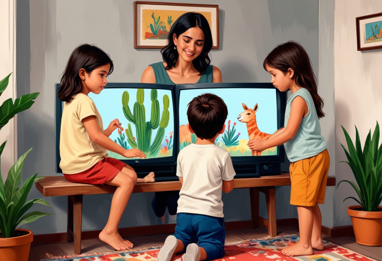 ejemplo desaparición progresiva de sonido Tres niños viendo un dibujos animados en un televisión , con un planta en maceta en primer plano. Su madre les llama para cenar